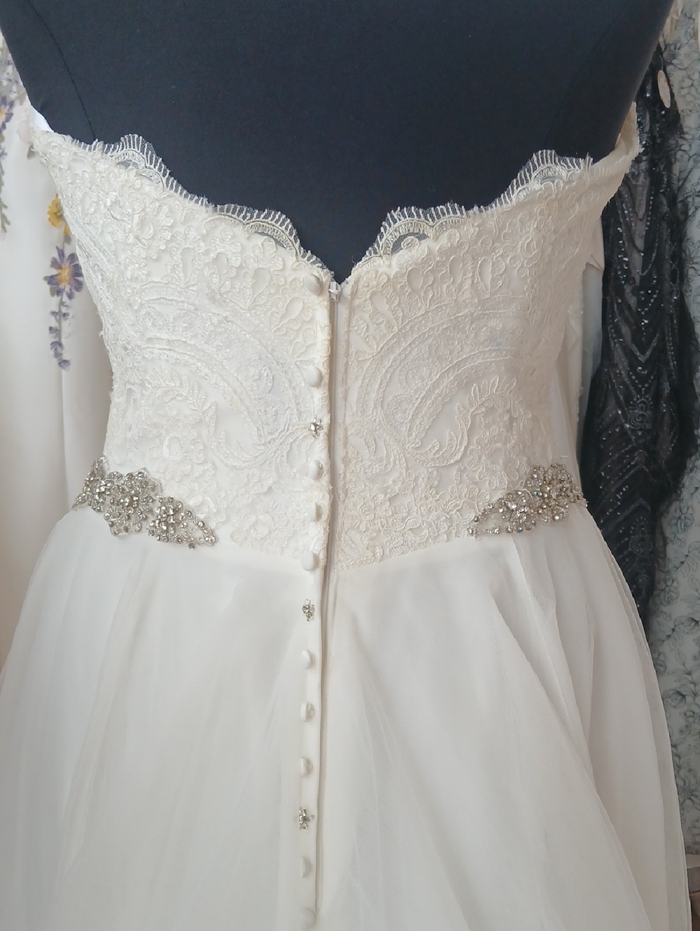 Strapless Lace Bodice Tulle Ballgown Wedding Dress with Beaded Waist - Picture 5 of 7